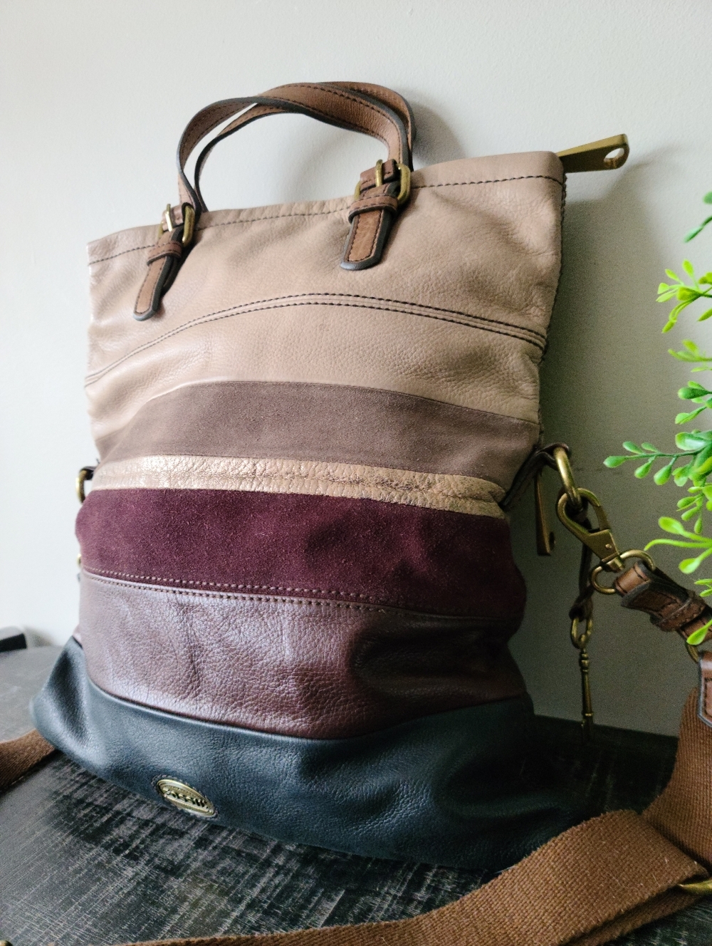 Fossil Vintage Leather & Suede Large Explorer Fold Over Tote Crossbody Bag